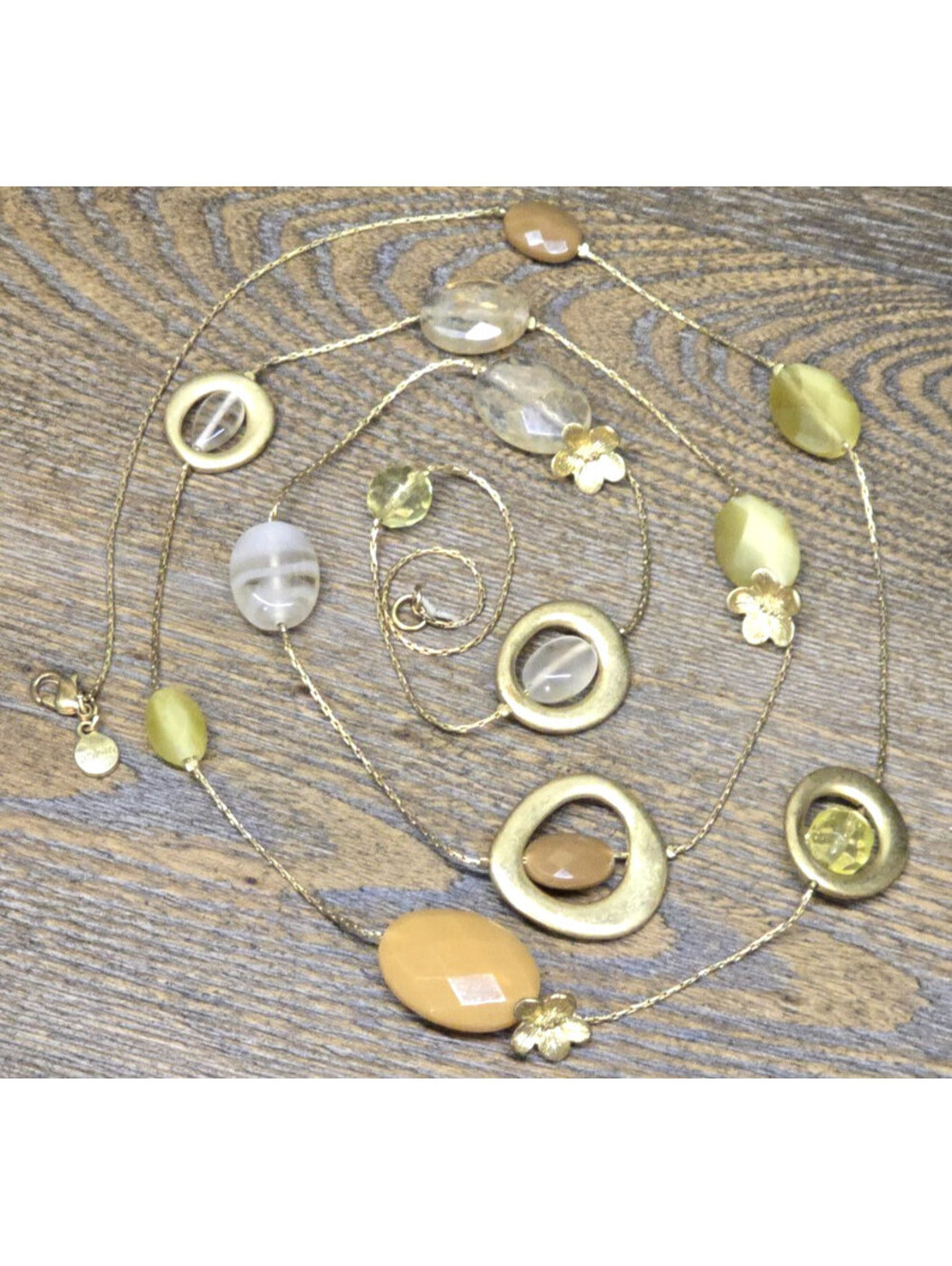 Bohm Long Gold Tone Necklace Quartz and Glass Beads